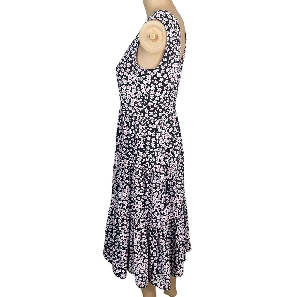 J Crew Poppy Garden Floral Tiered Midi Dress S Black Cottagecore A-line Ditsy